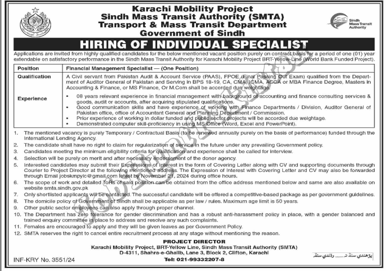 Sindh Mass Transit Authority Karachi Jobs 2024
Job Positions At Sindh Mass Transit Authority SMTA