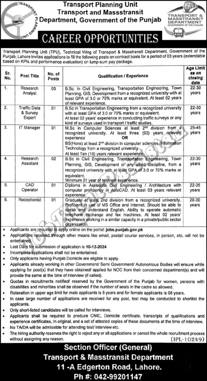 Latest Transport Planning Unit Punjab Jobs 2024