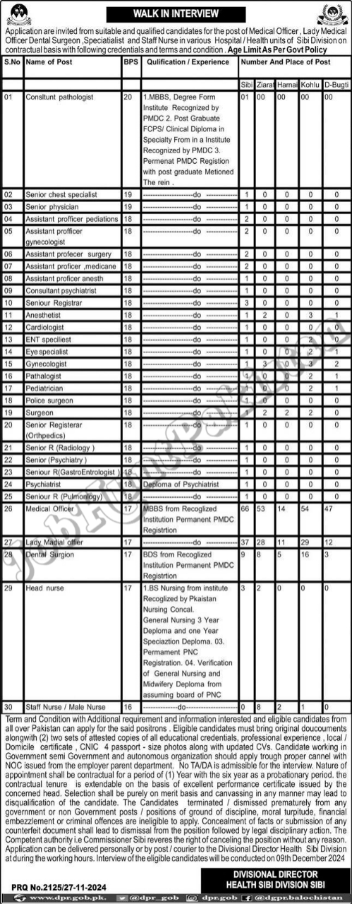 Health Department Sibi Division Jobs Interview 2024