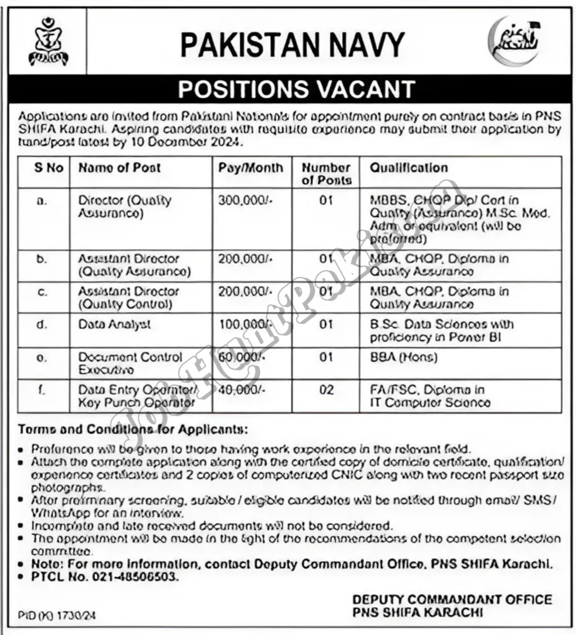 Jobs in Pakistan Navy at PNS Shifa Karachi 2024