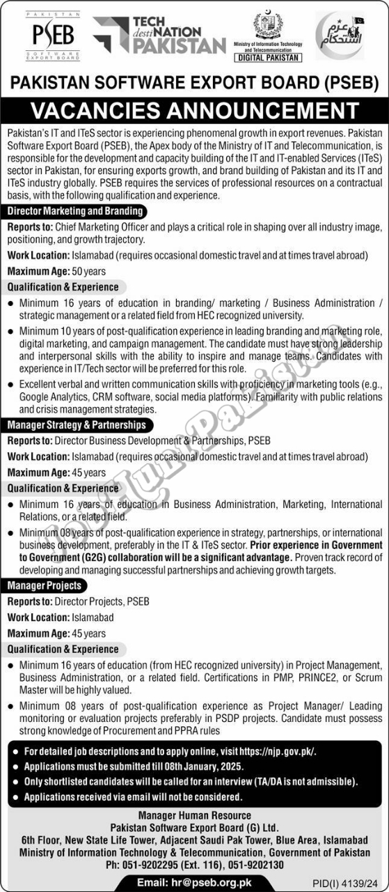 Pakistan Software Export Board PSEB Islamabad Jobs 2025