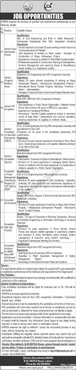 WAPDA Jobs 2025 for Dasu Hydropower Project & Consultant